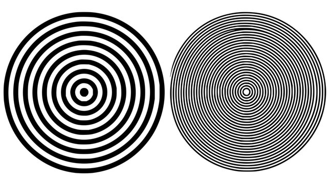 Optical illusion set with concentric circles featuring black lines, circular pattern, hypnotic design with swirling effect and visual distortion