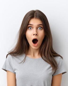 Shocked young woman looking at camera with open mouth and surprised facial expression