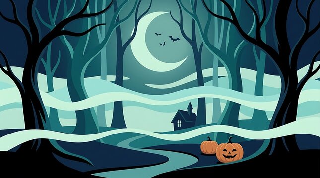 Cartoon jack o lantern and ghost in a snowy forest at night