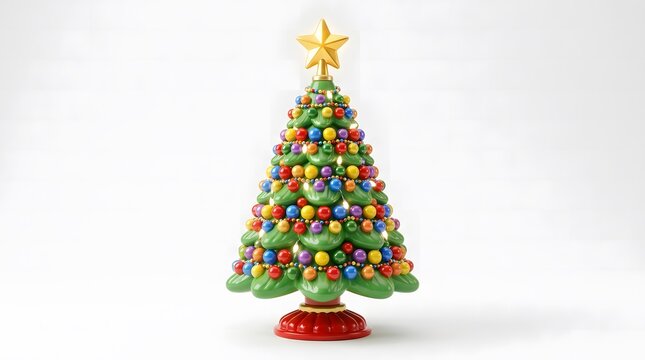 A vibrant and colorful christmas tree decorated with bright ornaments and topped with a shining star