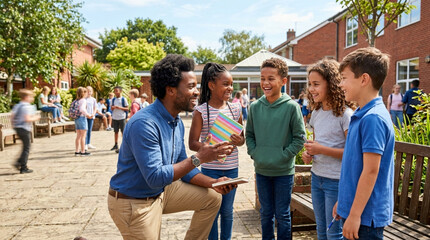 Fototapeta premium Happy Diverse Group of Elementary Students Talking with Male Teacher in Schoolyard