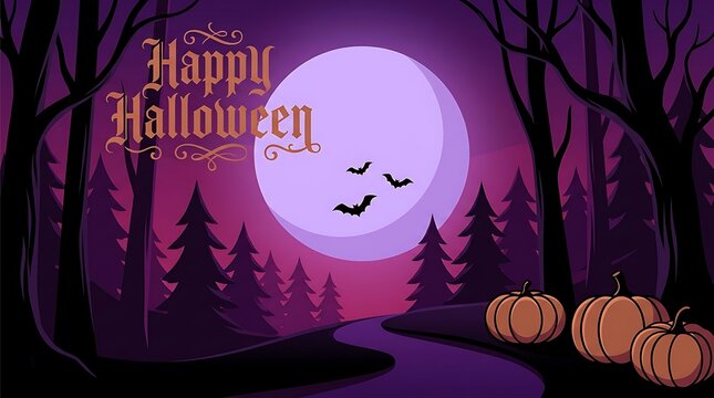 Happy halloween scene with jack o lanterns and full moon