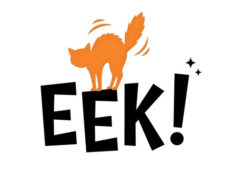 Halloween illustration featuring a frightened orange cat standing on the word eek in a spooky hand drawn style
