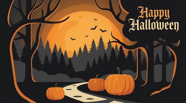 Happy halloween illustration with jack-o-lanterns and pumpkins