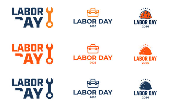 Set of minimalist labor day 2026 logo designs featuring construction tools hard hats and toolboxes in orange and dark blue colors for professional holiday branding