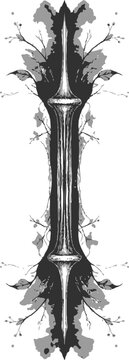 Symmetrical rorschach style inkblot forming an elongated symmetrical figure with fractal elements and dark gray and black tones on a white background