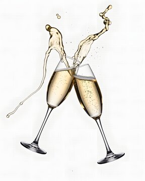 Two crystal champagne glasses clinking together with splashing bubbles