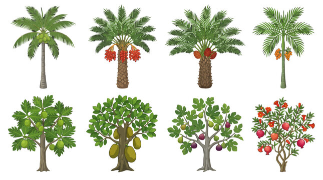 Collection of eight diverse crop plants and tropical fruit trees including coconut palm, date palm, oil palm, jackfruit, fig, and pomegranate vector illustrations. isolated on white background