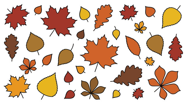 Vibrant Autumn Leaves Collection Featuring Diverse Seasonal Foliage Shapes and Colors for Fall Graphic Design Projects
