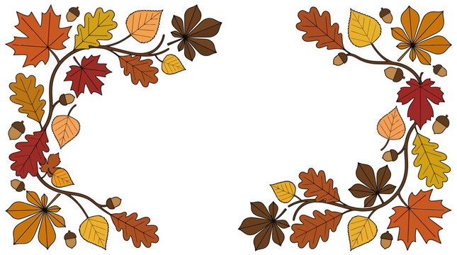 Decorative Autumnal Foliage Corner Border Frame with Colorful Seasonal Fall Leaves and Acorns for Festive Thanksgiving or Harvest Design Projects