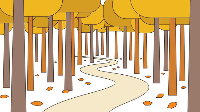 Winding Path Through a Golden Autumn Forest with Tall Trees and Fallen Leaves on a Crisp Seasonal Day