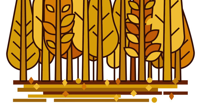 Stylized Decorative Autumn Forest Landscape Illustration Featuring Warm Golden Tone Trees and Fallen Foliage Elements for Seasonal Design Projects