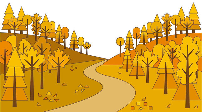 Golden Autumn Forest Landscape Featuring Winding Path Through Seasonal Trees With Orange And Yellow Foliage For Scenic Nature Background Design