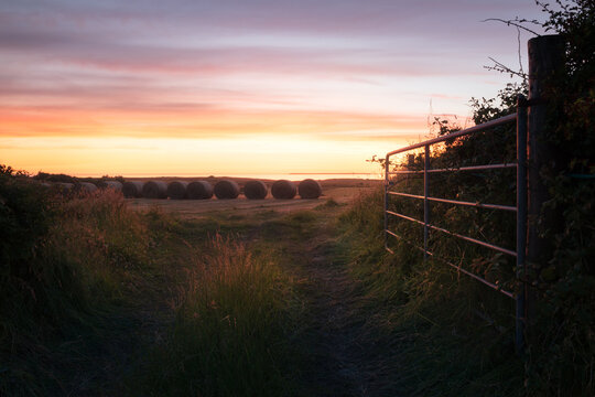 Aerial view of hay bales in a field at sunset with a metal gate and grassy path in the foreground in Sligo, Co. Sligo, Ireland.