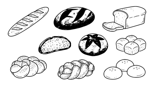 Assorted bakery bread baguette loaf and white bread slice hand drawn vector set