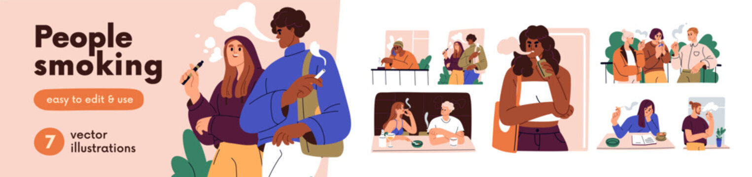 Smokers smoke cigarettes, persons with tobacco in hands. Woman and man smoke cigarettes. Smoker characters walking on street, talking, at balcony. People with addiction. Flat vector illustrations set