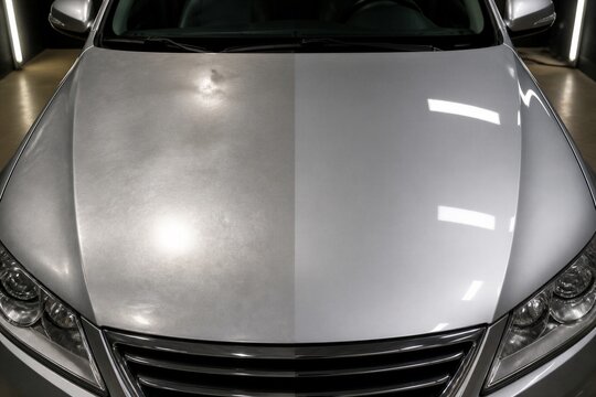 Car hood half polished and half oxidized in detailing garage