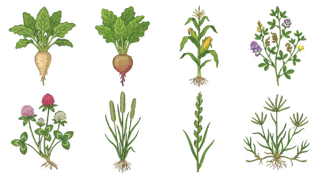 Detailed vector botanical crop plant collection featuring sugar beet, corn maize, red clover, alfalfa, and agricultural grains with roots and green leaves. isolated on white background