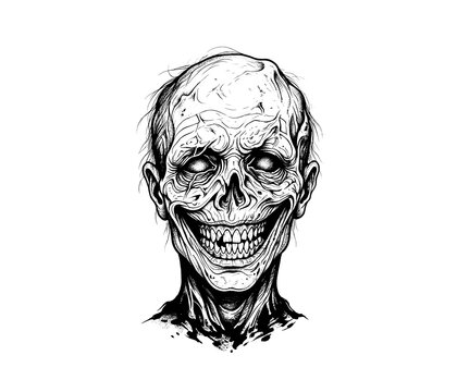 Detailed black and white illustration of a terrifying grinning zombie corpse head.