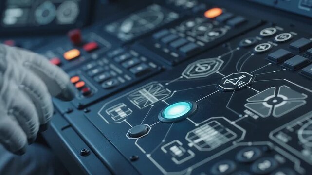 Astronaut pressing glowing button on sci fi spaceship control panel