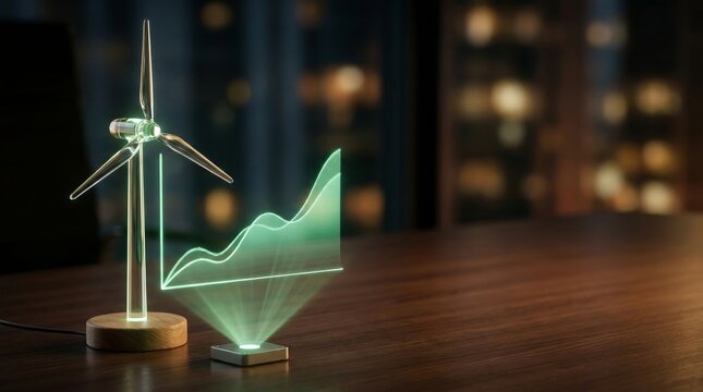 Green Investment and Sustainable Business Growth, Modern wind turbine model and graph on a wooden desk, symbolizing renewable energy and growth.