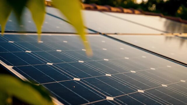 Close up of solar panels capturing sunlight for sustainable energy with green leaves in natural environment