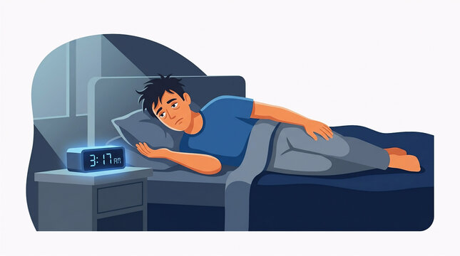 An exhausted man lying awake in bed depicting insomnia, sleep problems, nighttime anxiety, and disrupted rest against a white background.