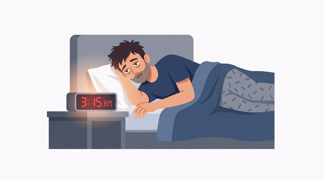 An exhausted man lying awake in bed depicting insomnia, sleep problems, nighttime anxiety, and disrupted rest against a white background.
