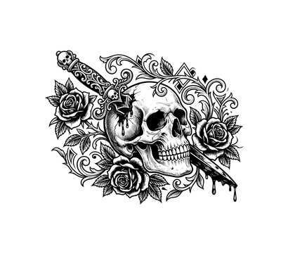 Detailed black and white illustration of a human skull pierced by a dagger with roses and filigree.