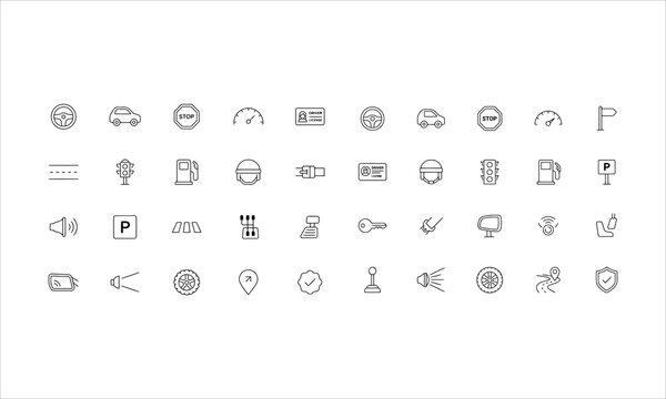 Set outline icons related to driving school. Linear icon collection. Editable stroke. Vector illustration