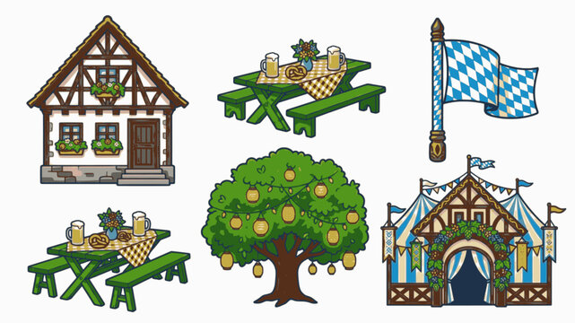 Isolated Colorful Bavarian House Beer Garden Vector Clipart Set