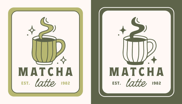 Matcha latte label logo for ceremonial grade Japanese green tea powder sticker tag organic packaging design. Hot drink mug aesthetic winter fall season warm cup cozy cafe illustration poster print.