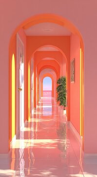 Pastel hallway, arches, sunlit