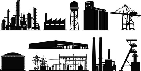 Fototapeta premium Industrial building silhouette set featuring factory, oil refinery, power plant, warehouse, and manufacturing facility vector illustration