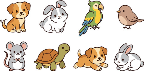 Obraz premium Cute Domestic Pets and Small Animals Vector Character Set with Puppies Bunnies Parrot Sparrow Mouse and Turtle for Kids Nursery Graphic Designs