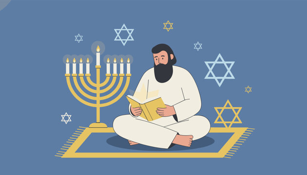 Jewish man sitting on rug reading holy torah book beside lit menorah during hanukkah festival celebration.