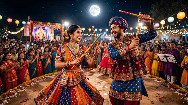 Couple performing garba dance with sticks at navratri festival