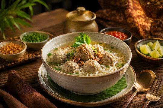 Wide commercial food photograph of Indonesian bakso meatball soup positioned in the lower right corner, with generous clean space across the left and upper areas for advertising and marketing content.