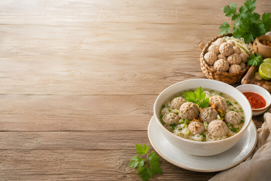 Premium presentation of Indonesian bakso meatball soup served in elegant ceramic tableware with noodles, fresh herbs, crispy shallots, and condiments in warm ambient restaurant lighting.