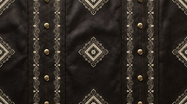 Dark leather bavarian lederhosen texture with ornamental embroidery and metal studs pattern