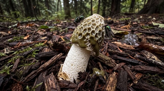 Flies Feed on Fascinating Stinkhorn Mushroom in Forest Floor Setting