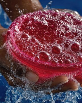 Hand holding a vibrant pink soap, bubbles