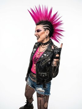 Smiling Punk Rock Woman with Vibrant Pink Mohawk and Leather Jacket Making Rock On Sign Isolated on White