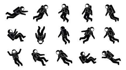 Set of black silhouettes of astronauts in various floating poses © Nex