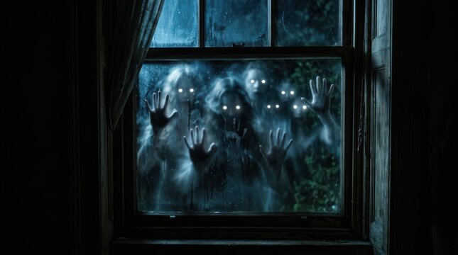 Group of scary glowing eyes looking through a dark window at night