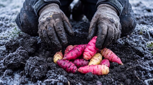 Gardener wearing dirty gloves harvests colorful Oca tubers from frosty soil, close-up agricultural shot.