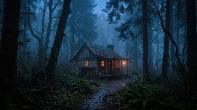 Pixel art house in a dark forest at night