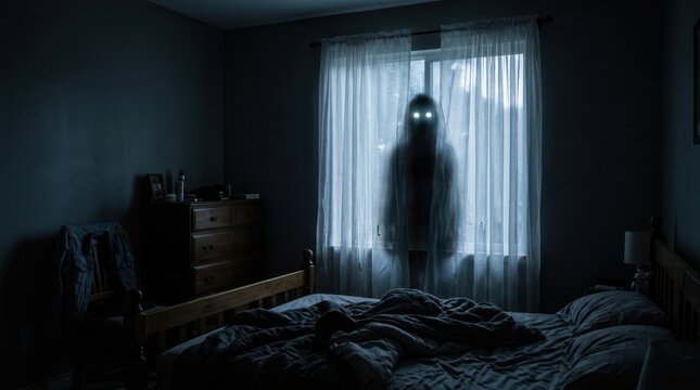 Scary ghost silhouette standing behind a bedroom window in the dark night