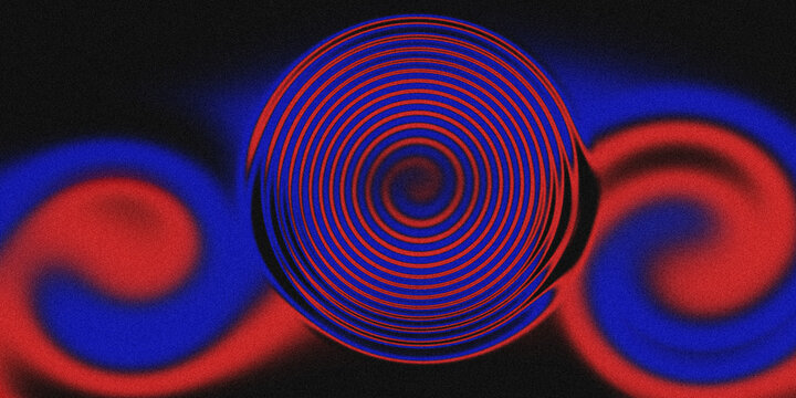Hypnotic red and blue spiral tunnel background with high contrast circle grain patterns for trippy digital visual effects art.
