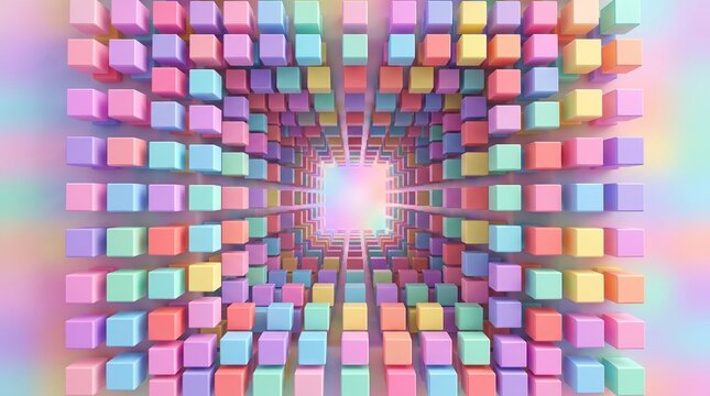 Pastel 3D cubes forming a geometric tunnel, colorful square block pattern background, abstract digital art wallpaper
